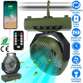 20000mAh Rechargeable Oscillating Camping Fan with Flashlight Hanging Hook Remote Control Portable Fan for Tent Emergency Power Bank Desk Fan wit