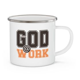 Enamel Camping Mug, God @ Work Brown And Orange Print