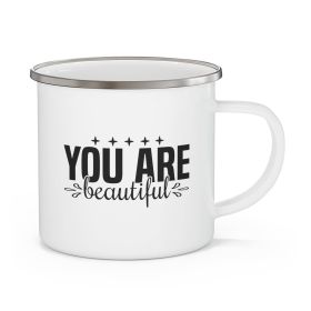 Enamel Camping Mug, You Are Beautiful - Inspiration Affirmation, Black