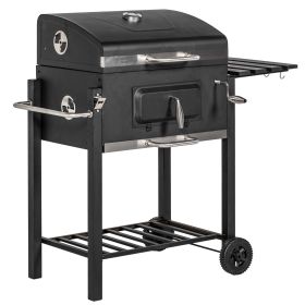 Outsunny Charcoal BBQ Grill, Outdoor Portable Cooker for Camping or Backyard Picnic with Side Table, Bottom Storage Shelf, Wheels and Handle, Bla