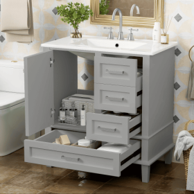 30 Bathroom Vanity , Modern Bathroom Cabinet With Sink Combo Set, Bathroom Storage Cabinet With A Soft Closing Door And 3 Drawers, Solid Wood Fra (Color: Grey)