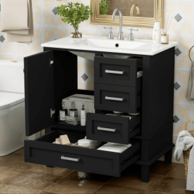 30 Bathroom Vanity , Modern Bathroom Cabinet With Sink Combo Set, Bathroom Storage Cabinet With A Soft Closing Door And 3 Drawers, Solid Wood Fra (Color: Black)