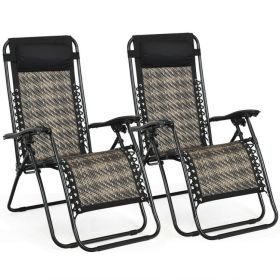 2 Pieces Folding Patio Rattan Zero Gravity Lounge Chair (Color: Gray)