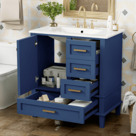 30 Bathroom Vanity , Modern Bathroom Cabinet With Sink Combo Set, Bathroom Storage Cabinet With A Soft Closing Door And 3 Drawers, Solid Wood Fra (Color: Blue)